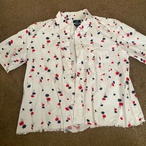 Cropped slightly distressed white button down with blue and red palm trees